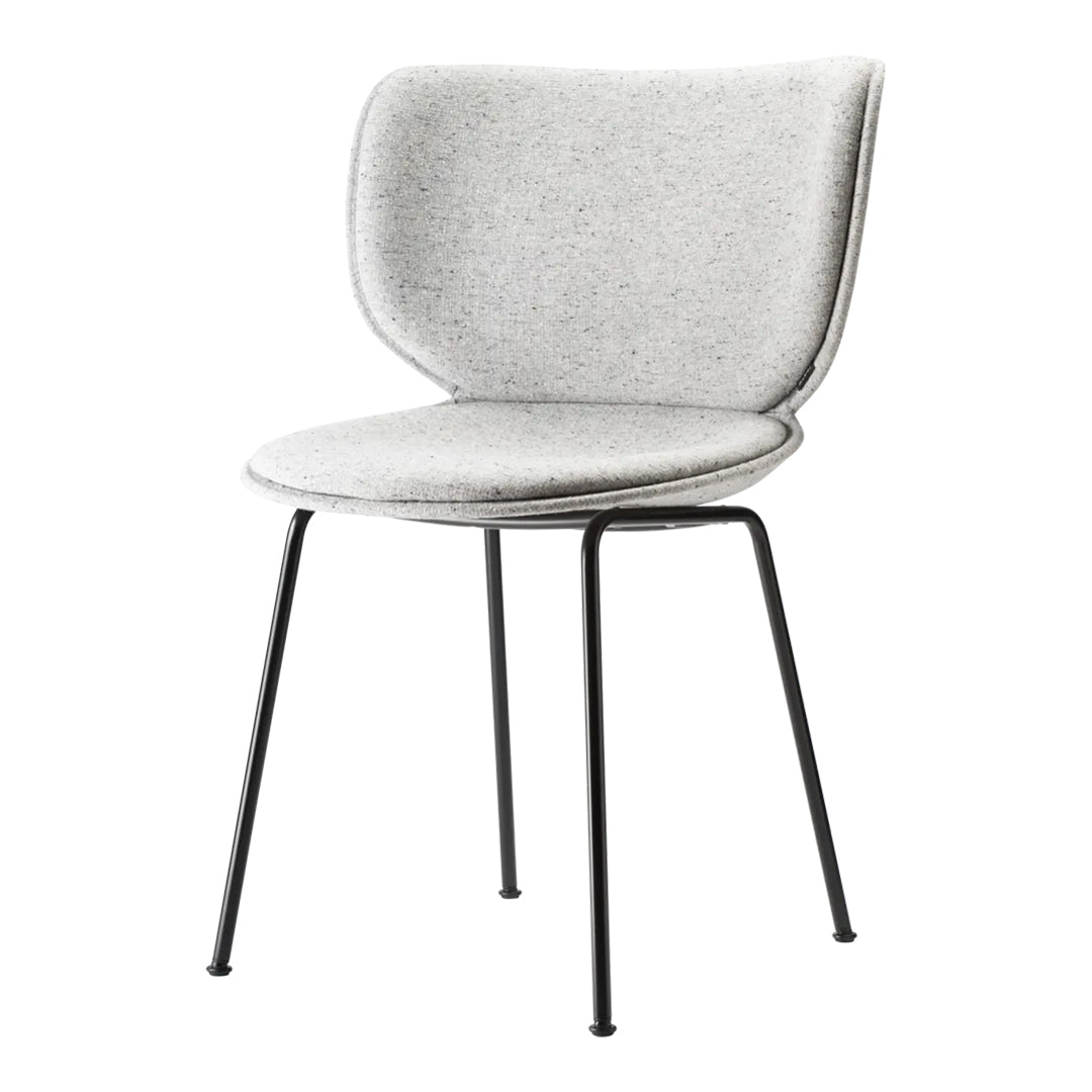 Gray upholstered chair with a soft, smooth texture and minimalist black metal legs. Perfect for modern decor.
