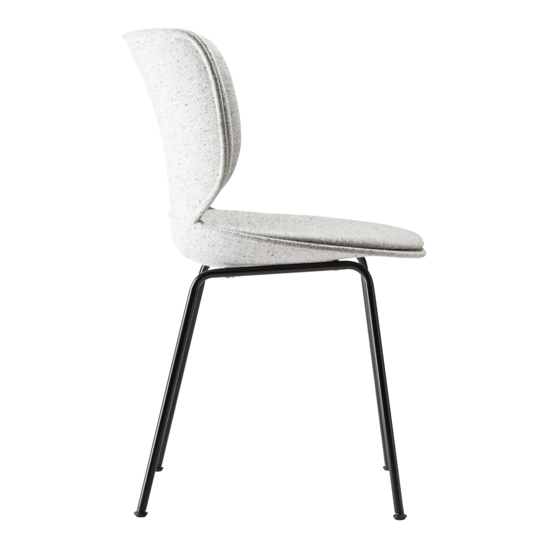 Stylish gray upholstered chair with a textured finish and sleek black metal legs in a modern design.