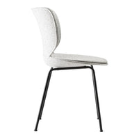 Stylish gray upholstered chair with a textured finish and sleek black metal legs in a modern design.
