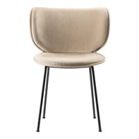 Beige upholstered chair with a smooth, minimalist design and black metal legs. Ideal for modern interiors.
