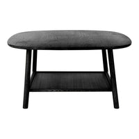 Black wooden coffee table with a smooth surface and sleek design, featuring a lower shelf for additional storage.