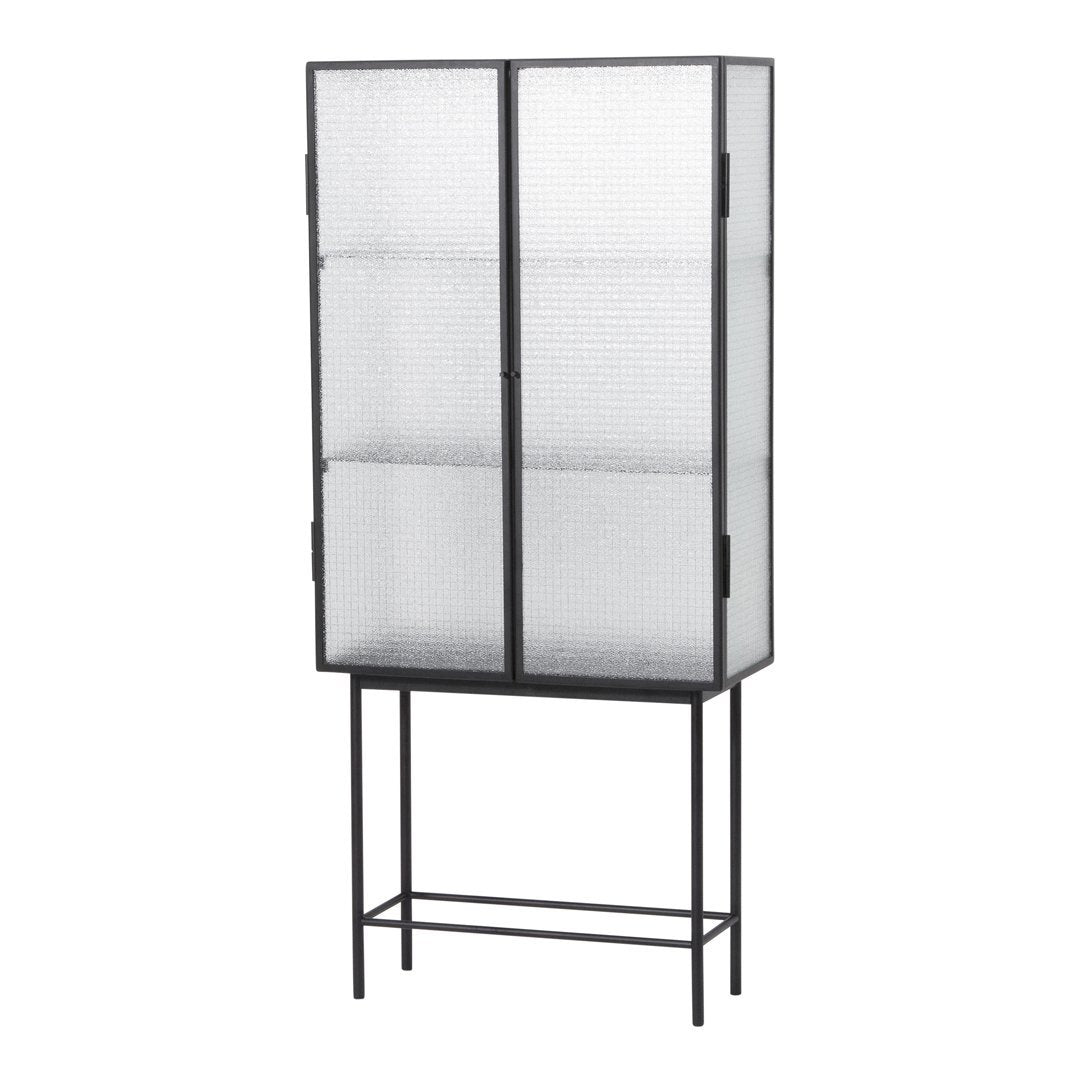 Black metal storage cabinet with textured clear glass panels and a sleek, modern design. Perfect for stylish organization.