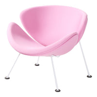 Pink upholstered chair with a unique curved design and white metal legs, perfect for modern decor.