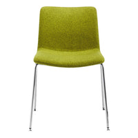 Green textured chair with sleek chrome legs, featuring a smooth, minimalist design. Perfect for modern decor.