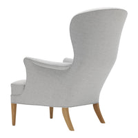 Light gray upholstered chair with smooth fabric and natural wood legs, featuring a sleek, minimalist design.
