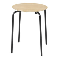 Round wooden top in light beige with sleek black metal legs, perfect for modern decor.