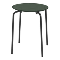 Green round table with a smooth surface and sleek black legs, perfect for modern decor.