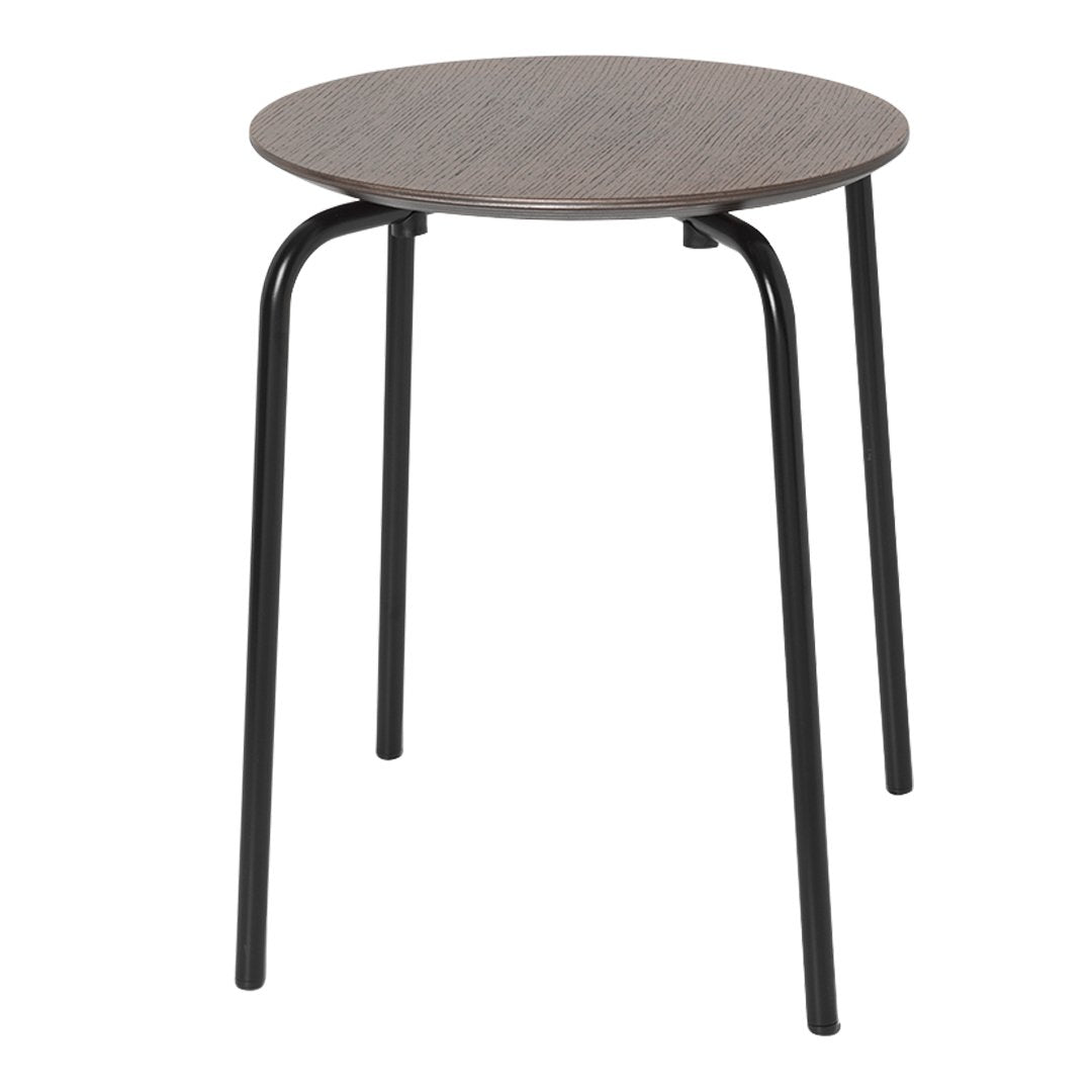 Round brown wooden top table with sleek black metal legs for a modern, minimalist look.