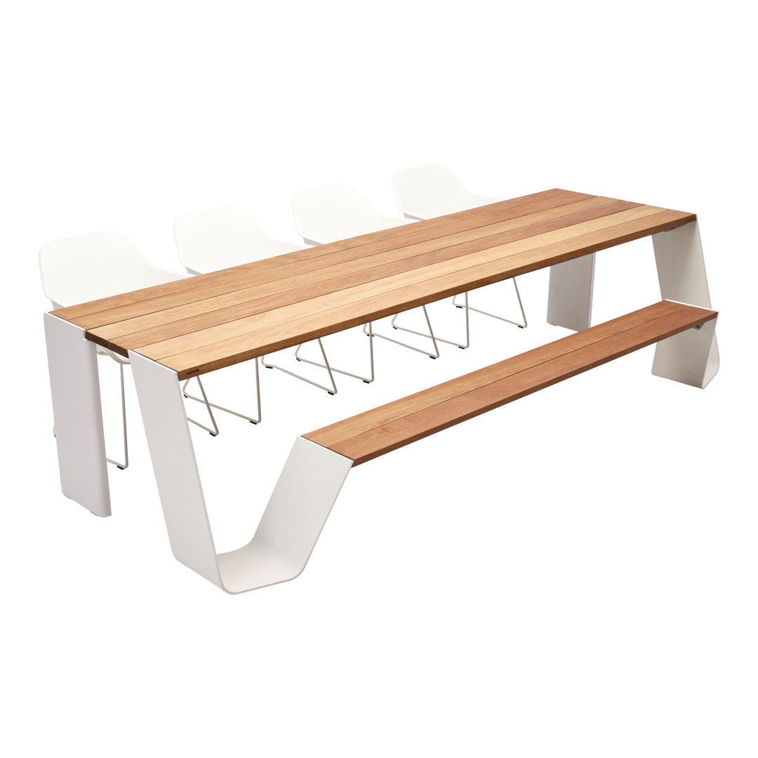 Modern wooden dining table with a natural finish and white metal base, featuring clean lines and a minimalist design.