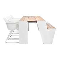 Modern white dining table with natural wood slats and matching white chairs, featuring a sleek, contemporary design.