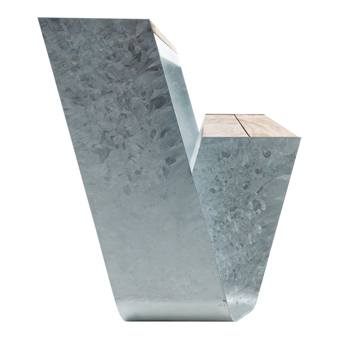 Modern bench with a sleek galvanized metal finish and natural wood slats, featuring a minimalist design.