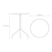 Round table design with a sleek, minimalist style and a smooth, neutral surface. Dimensions: 726mm x 1017mm.