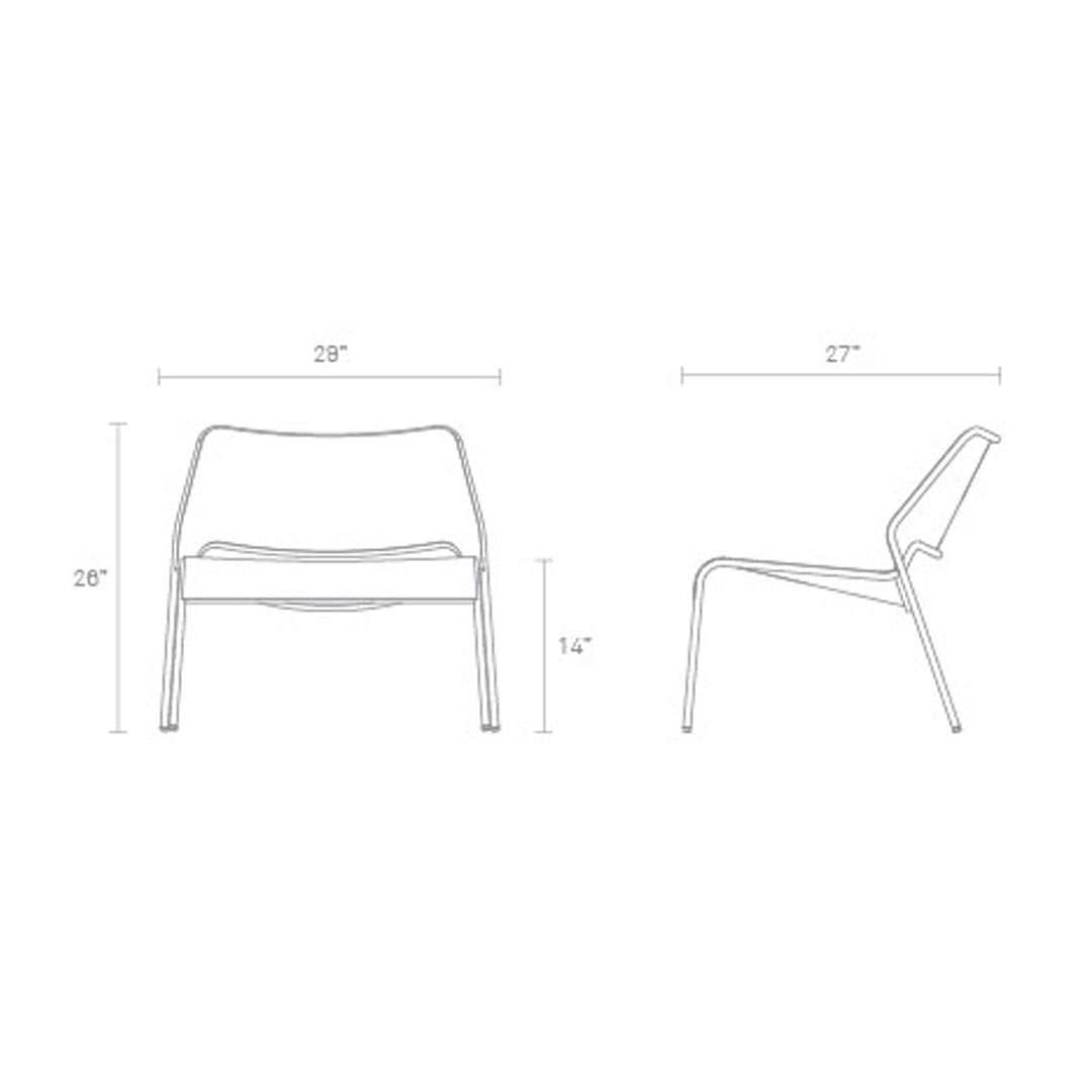 Minimalist chair with a sleek metal frame and a solid color seat, featuring modern, geometric lines.