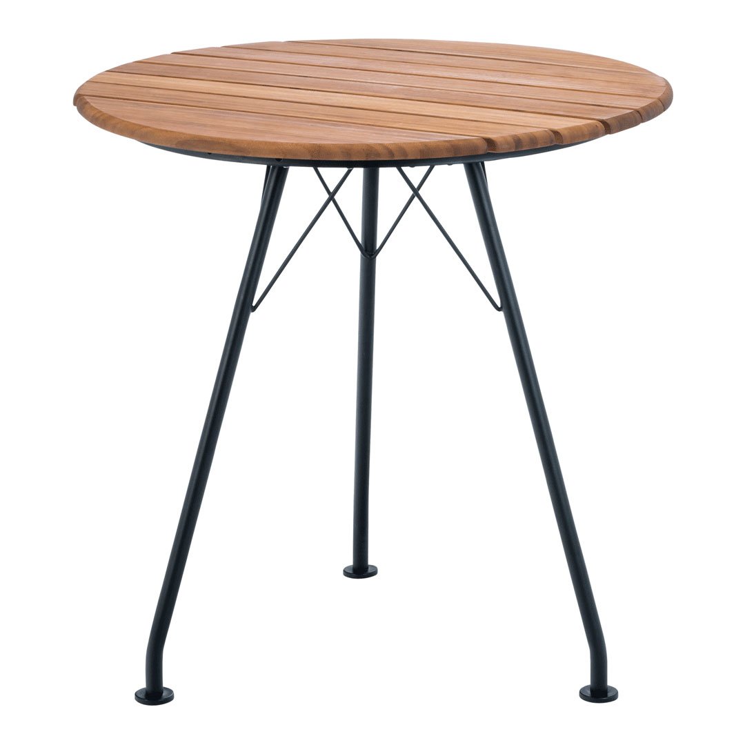 Round wooden table with a natural wood finish and black metal legs, featuring a sleek, minimalist design.