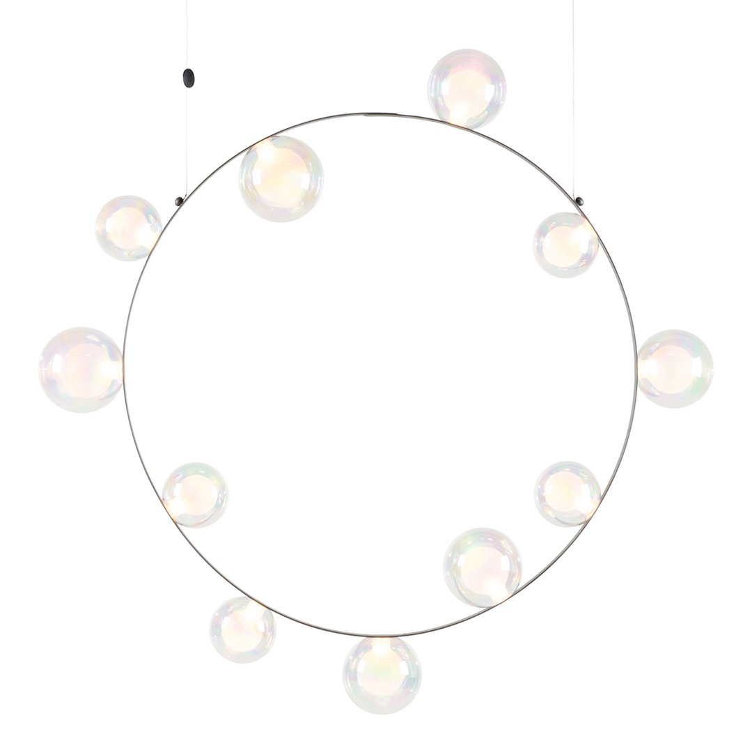 Modern circular pendant light with iridescent bubble patterns in clear and soft colors against a white background.