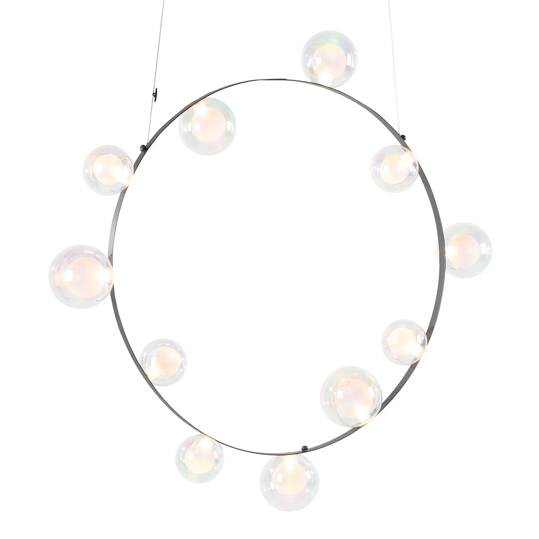 Modern circular pendant light with clear globes and a sleek black frame, showcasing a minimalist design.