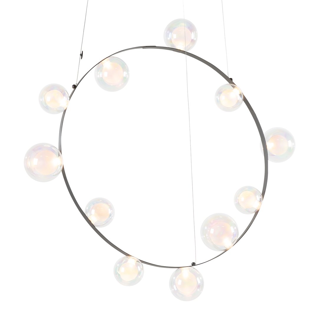 Modern circular chandelier with iridescent glass globes and sleek metal frame, featuring soft, diffused lighting.