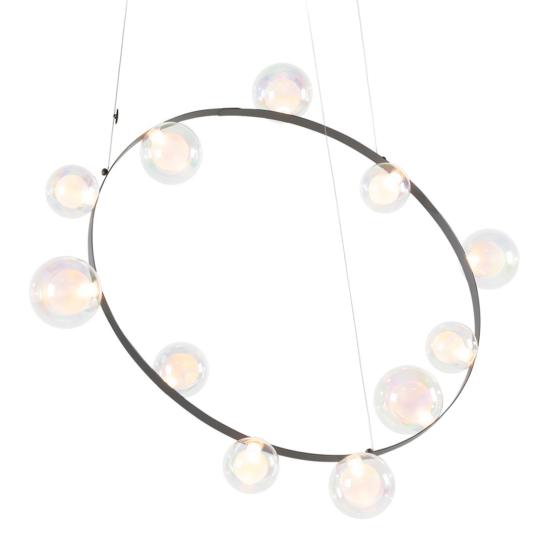 Modern black metal chandelier with clear glass orbs, featuring a sleek, minimalist design and soft, ambient lighting.