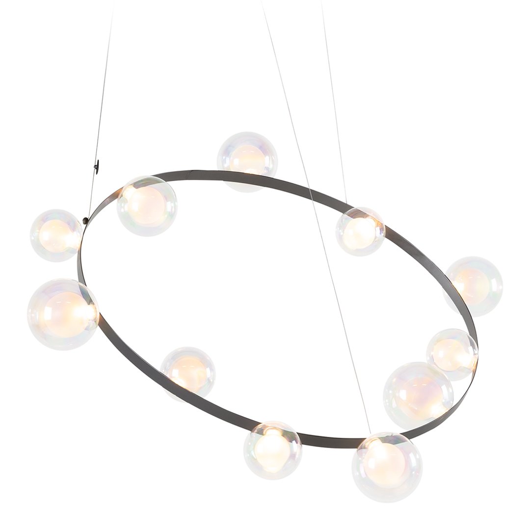 Sleek black oval chandelier with translucent glass orbs, creating a modern and elegant lighting pattern.