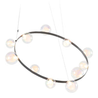 Sleek black oval chandelier with translucent glass orbs, creating a modern and elegant lighting pattern.