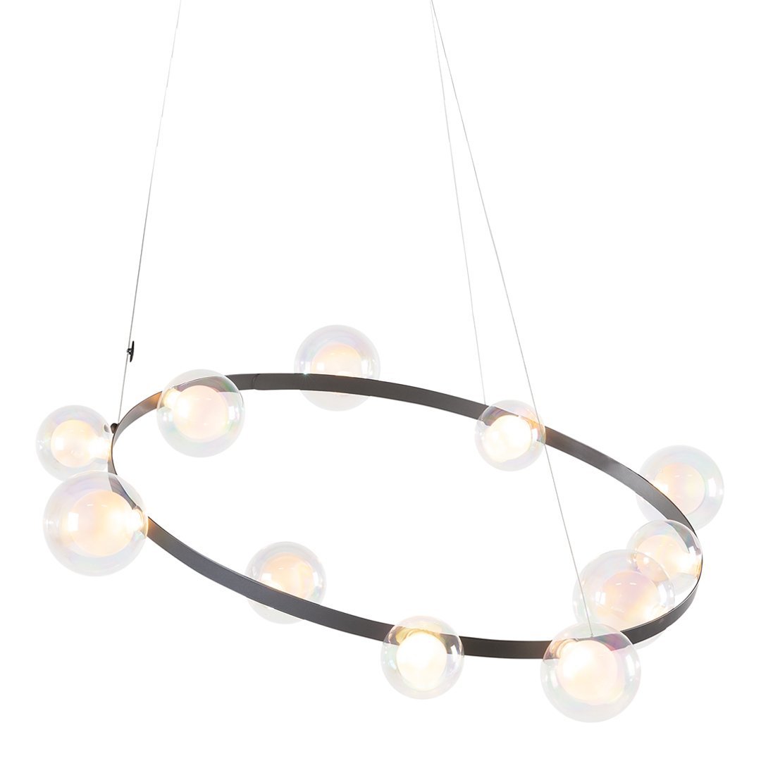 Modern black circular chandelier with iridescent bubble glass accents, creating a stylish contrast and playful light effect.