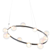 Modern black circular chandelier with iridescent bubble glass accents, creating a stylish contrast and playful light effect.