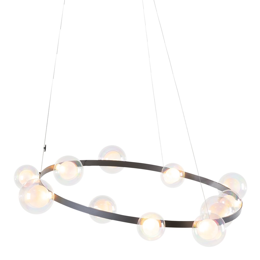 Modern black circular chandelier with clear glass bubble shades reflecting light elegantly. Perfect for contemporary decor.