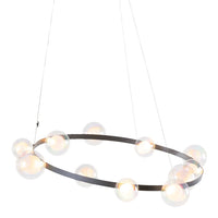 Modern black circular chandelier with clear glass bubble shades reflecting light elegantly. Perfect for contemporary decor.