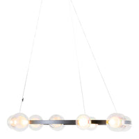Modern chrome pendant light with five spherical glass shades, showcasing a clear and sleek aesthetic.