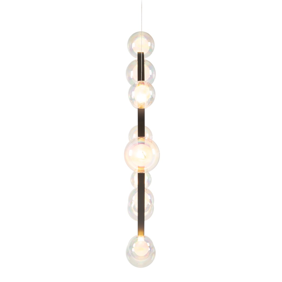 Sleek black metal pendant light with clear glass orbs, showcasing a modern, minimalistic design.
