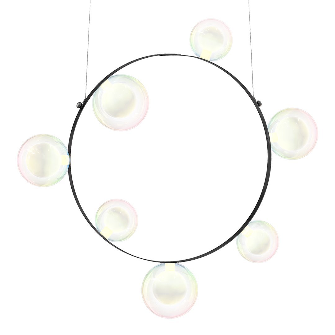 Modern chandelier featuring a sleek black circular frame with iridescent bubble glass accents.