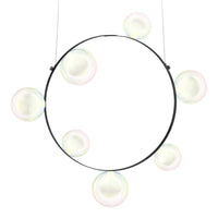 Modern chandelier featuring a sleek black circular frame with iridescent bubble glass accents.