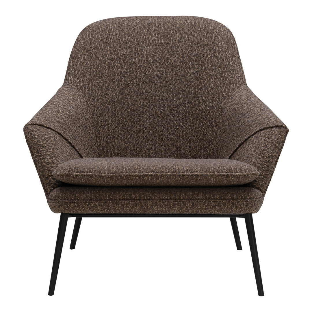 Brown patterned accent chair with smooth curves and black metal legs, perfect for modern interiors.