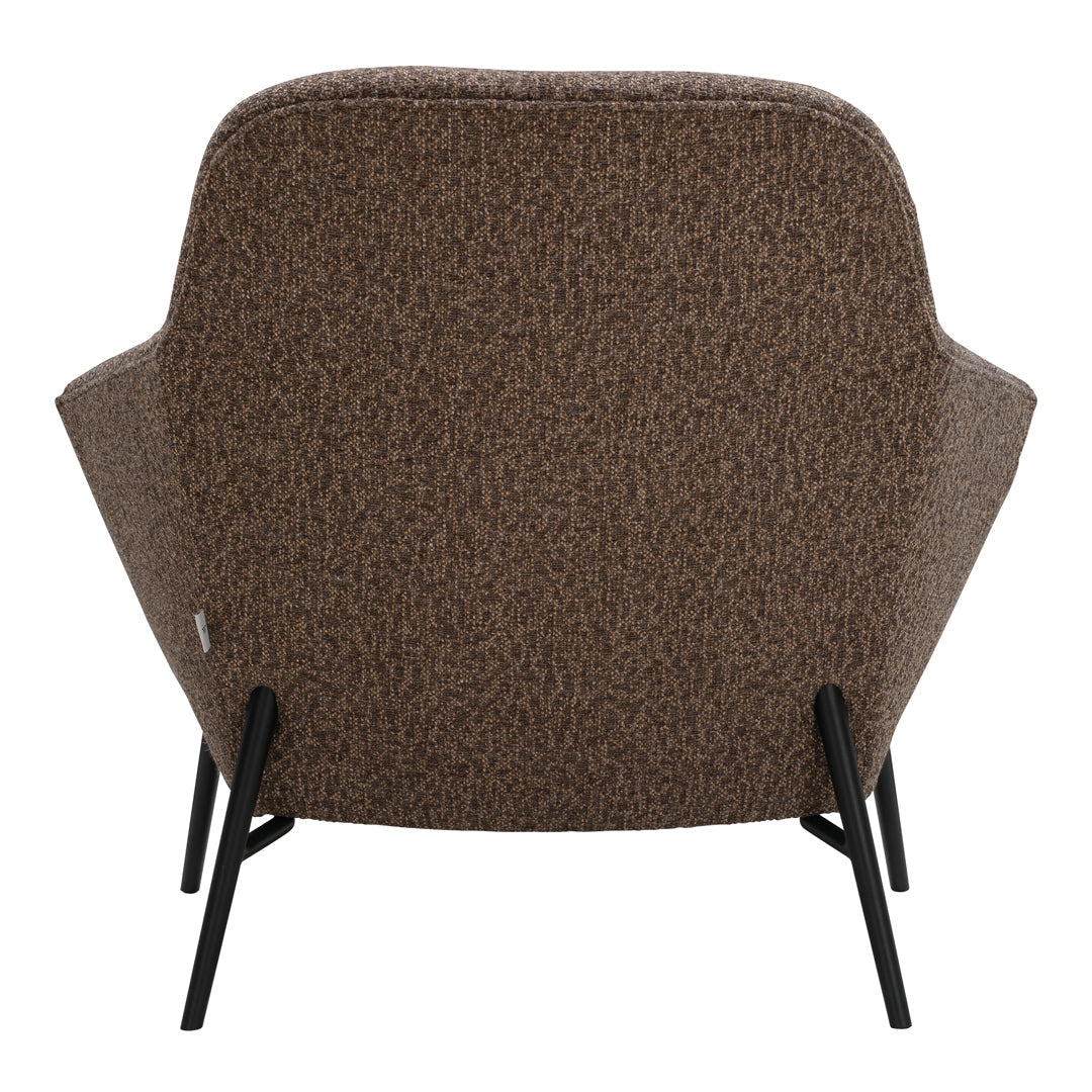 Brown textured chair from the back with a subtle pattern and black metal legs.