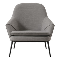Minimalist gray upholstered accent chair with smooth fabric and sleek black metal legs. Perfect for modern interiors.