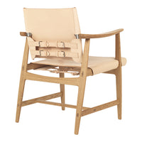 Light beige upholstery with a natural wood frame. Minimalist design featuring clean lines and subtle craftsmanship details.