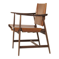 Brown wooden frame chair with tan leather seat and backrest, showcasing a minimalist design.