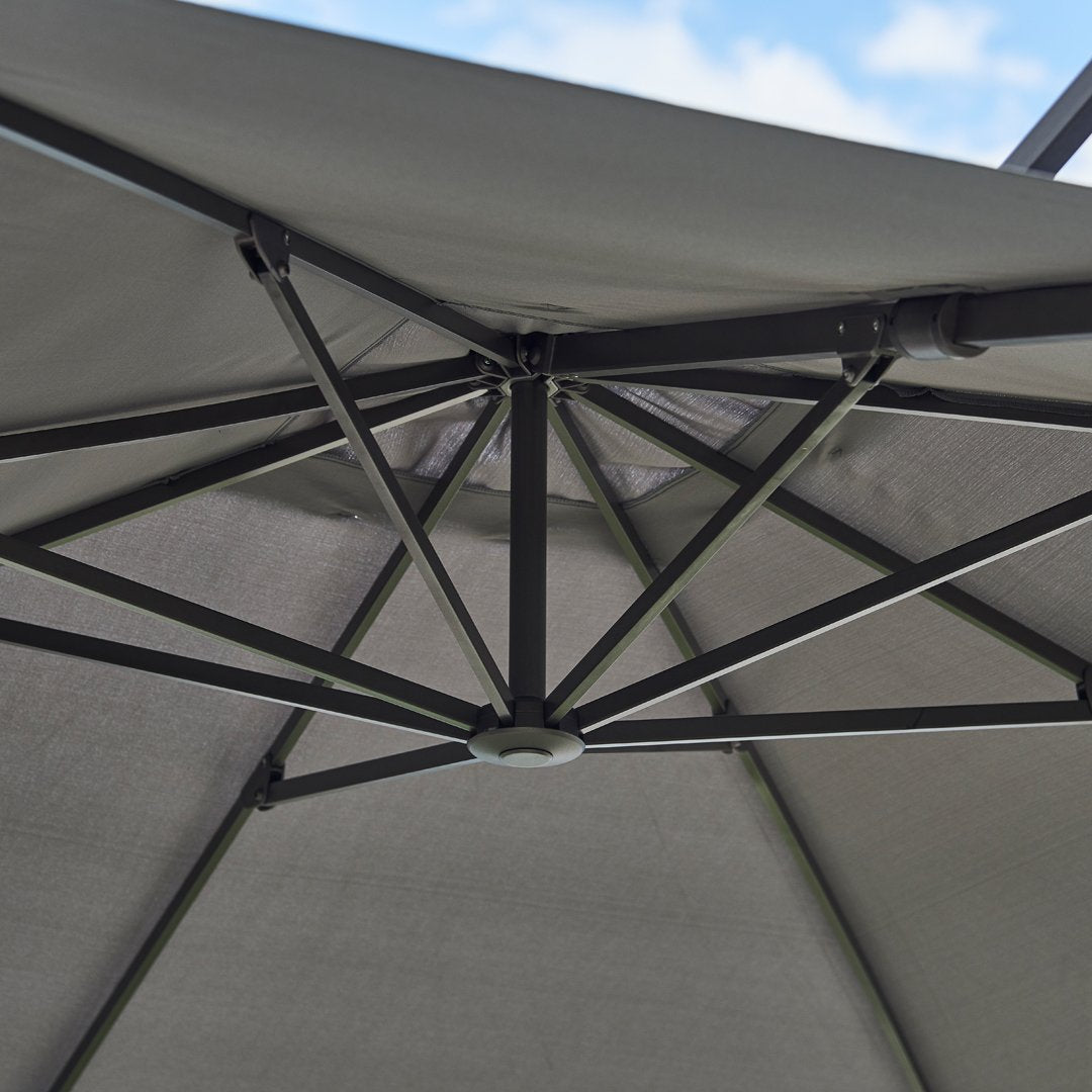 Gray outdoor umbrella canopy with a sleek, minimalist design and green accents on the support structure.