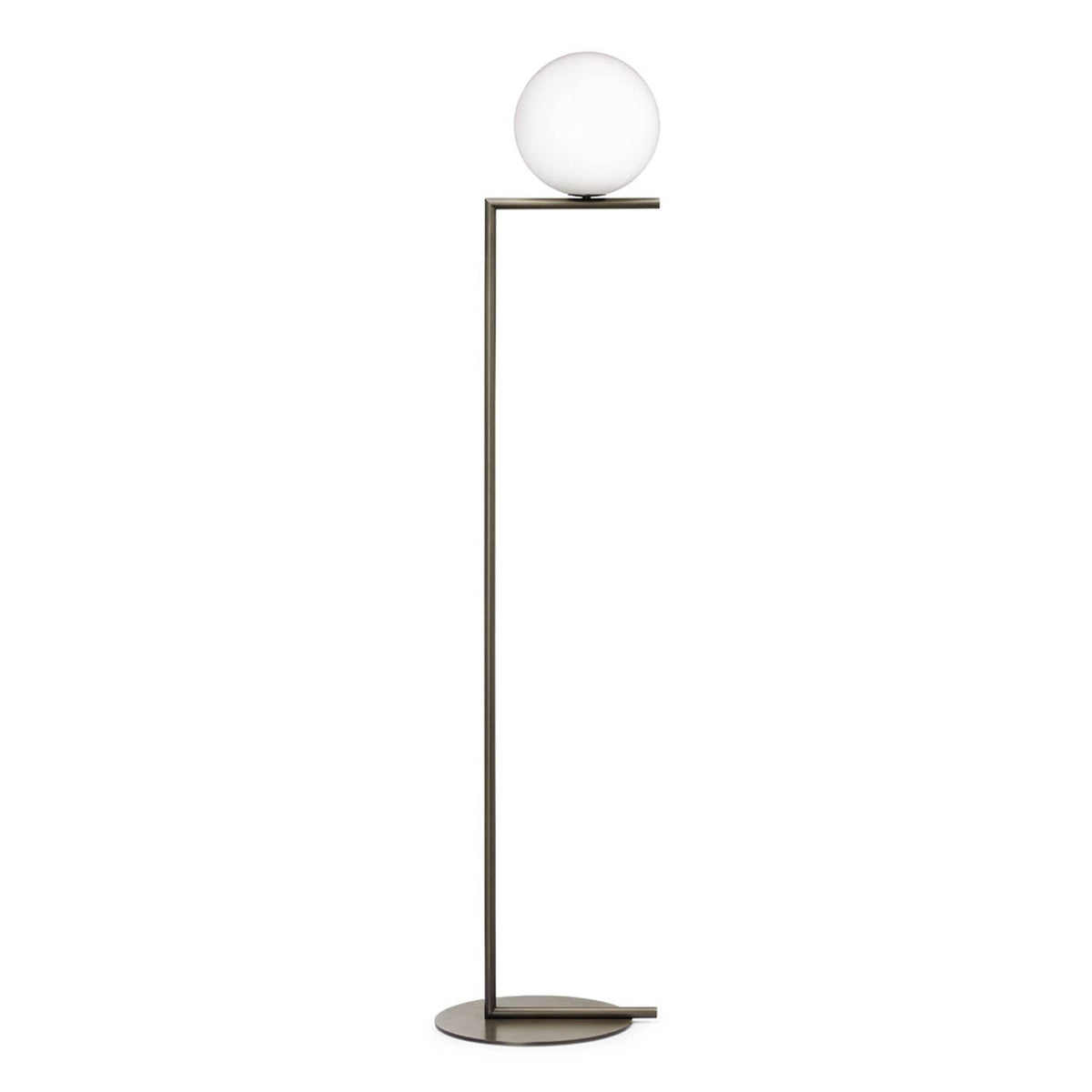 Sleek black floor lamp with a round white glass shade and minimalistic design, perfect for modern decor.