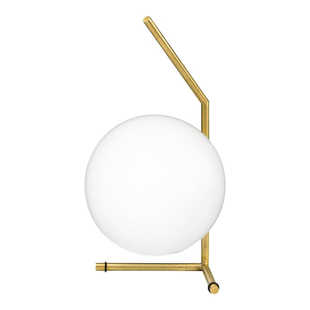 Modern lamp with a sleek gold frame and a smooth white spherical light. Minimalistic design with geometric elements.