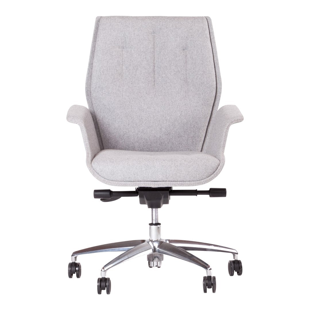 Light gray office chair with subtle tufted pattern and sleek chrome base. Perfect blend of modern design and comfort.