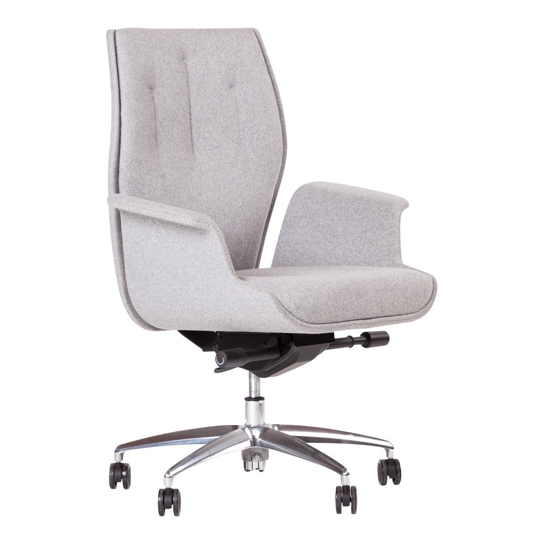 Modern light gray office chair with a sleek design and subtle tufted pattern, featuring a chrome base and rolling casters.