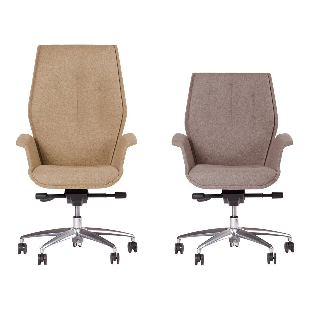 Beige and taupe high-back office chairs with textured fabric, featuring chrome bases and smooth caster wheels.