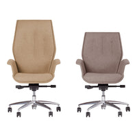 Beige and taupe high-back office chairs with textured fabric, featuring chrome bases and smooth caster wheels.