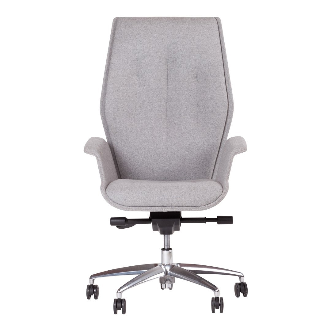 Gray high-back office chair with a smooth upholstered finish and minimalist design; features a sleek chrome base.