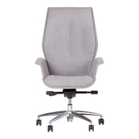 Gray high-back office chair with a smooth upholstered finish and minimalist design; features a sleek chrome base.