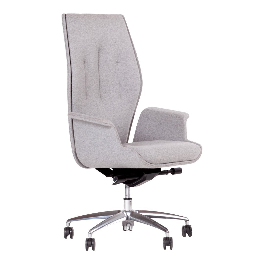 Modern high-back office chair in light gray fabric with subtle stitching details and sleek chrome base.
