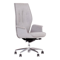 Modern high-back office chair in light gray fabric with subtle stitching details and sleek chrome base.