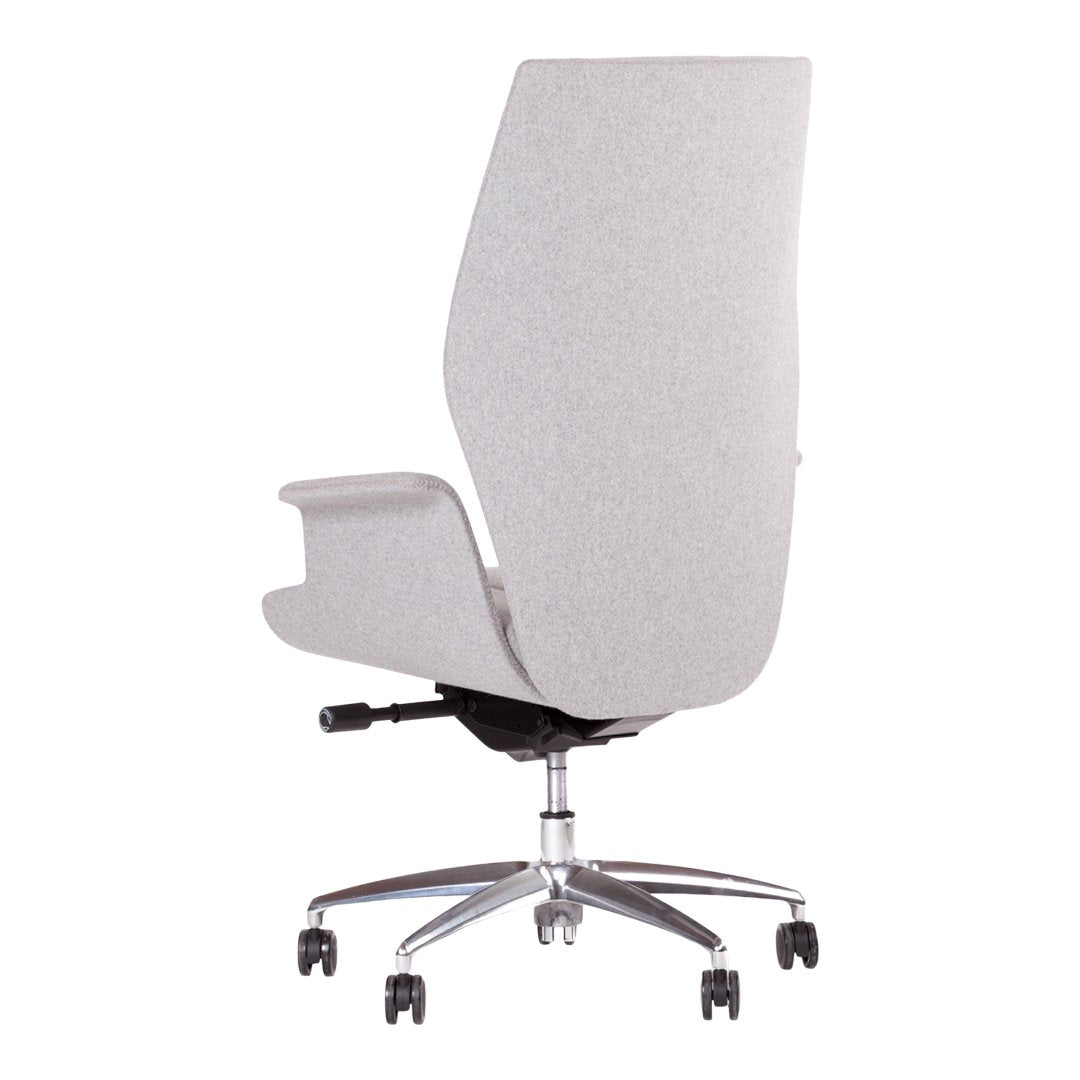 Gray upholstered office chair with a sleek design and chrome base, featuring a smooth, minimalist pattern.