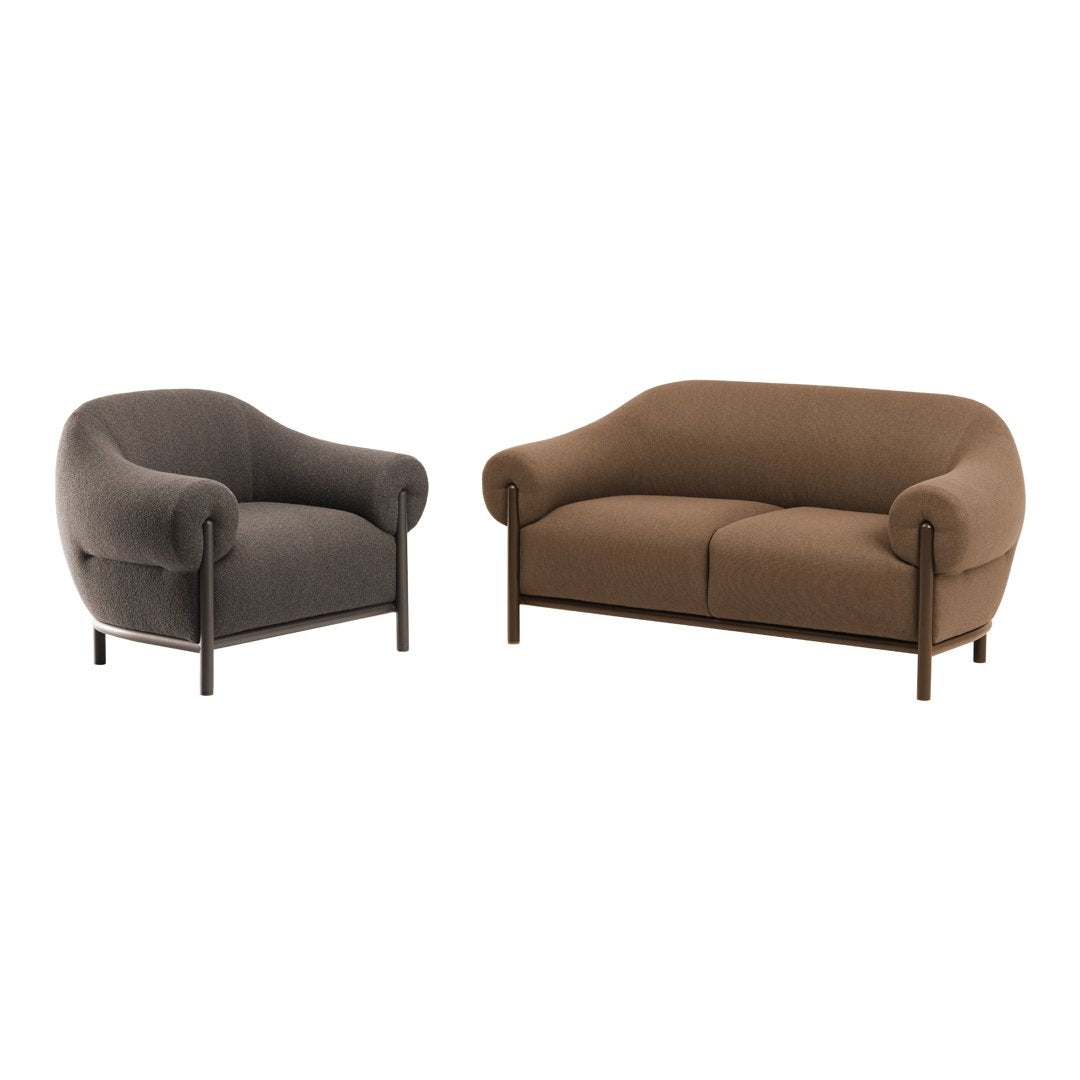 Modern sofa and armchair in rich brown and soft gray upholstery, featuring a sleek, curved design.